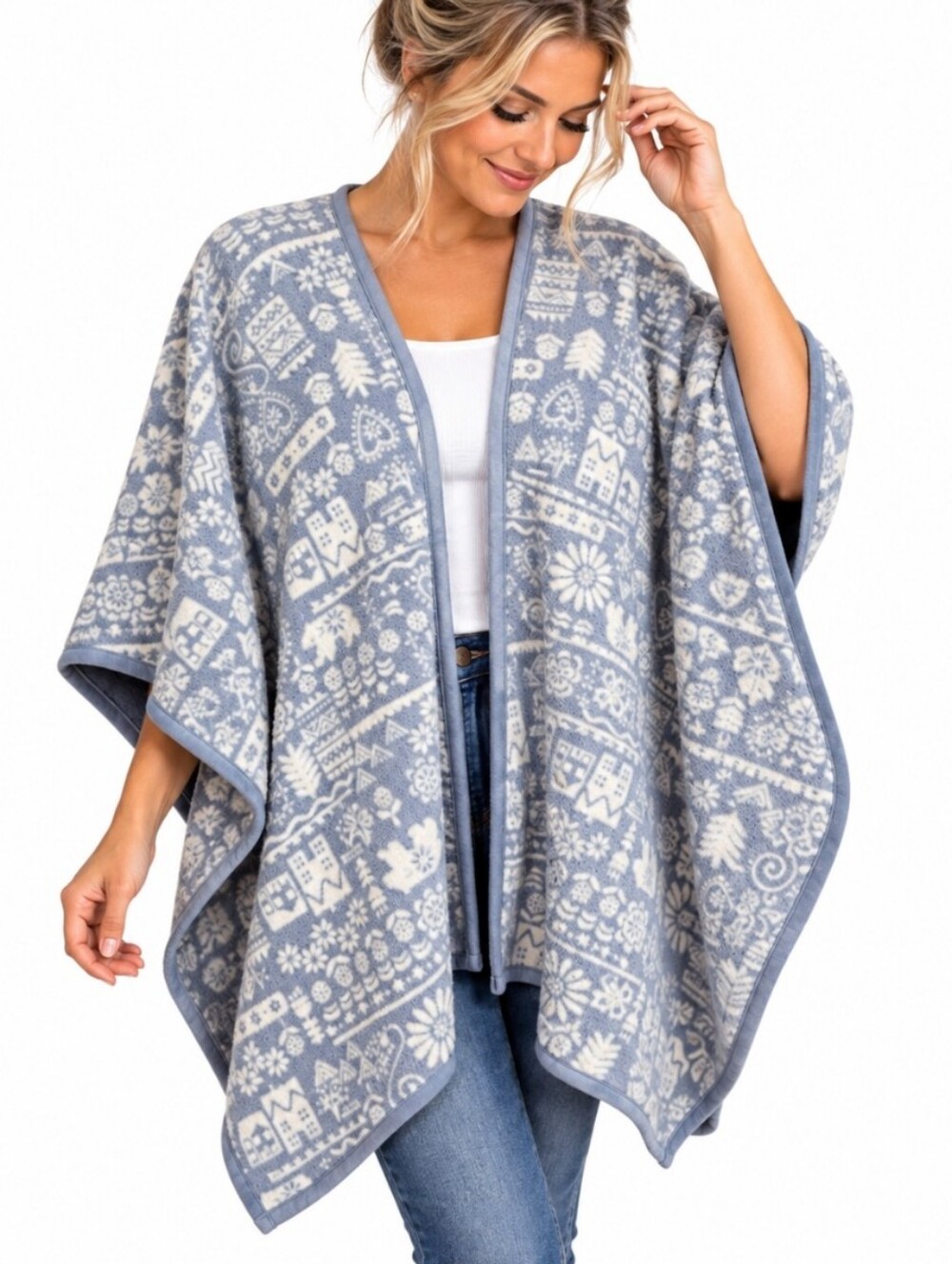 Cuddl Duds Sleepwear Blue Gray Cream Nordic Poncho Sweater S/M NWT Plush Fleece